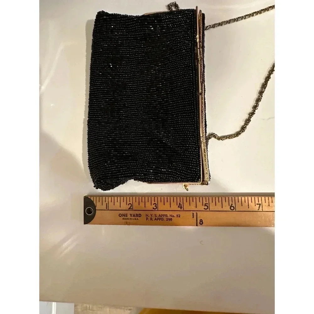 Vintage Women's Rectangle Shape Black Beaded Handbag Purse